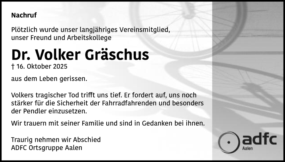  Traueranzeige für Volker Gräschus vom 25.10.2025 aus Schwäbische Post