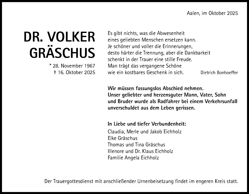  Traueranzeige für Volker Gräschus vom 24.10.2025 aus Schwäbische Post