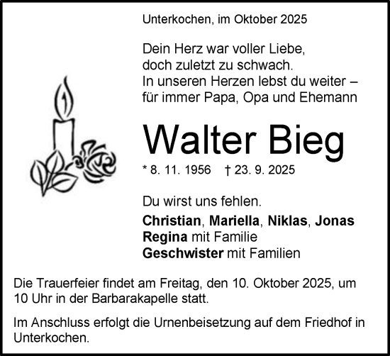 Traueranzeige von Walter Bieg von Schwäbische Post