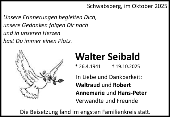Traueranzeige von Walter Seibald von Schwäbische Post
