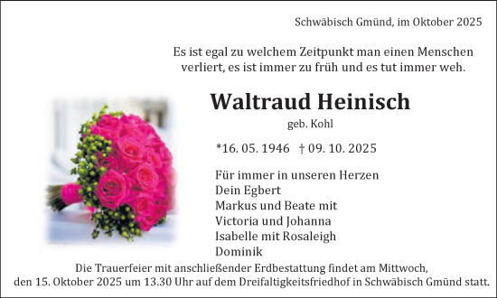 Traueranzeige von Waltraud Heinisch von Gmünder Tagespost