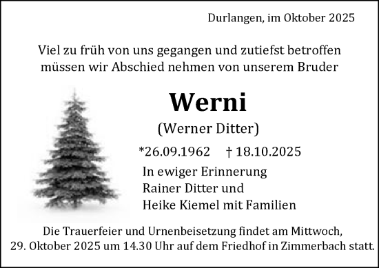 Traueranzeige von Werner Ditter von Gmünder Tagespost