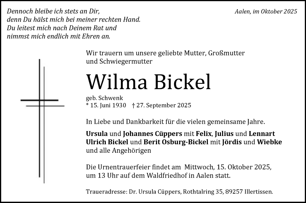  Traueranzeige für Wilma Bickel vom 11.10.2025 aus Schwäbische Post