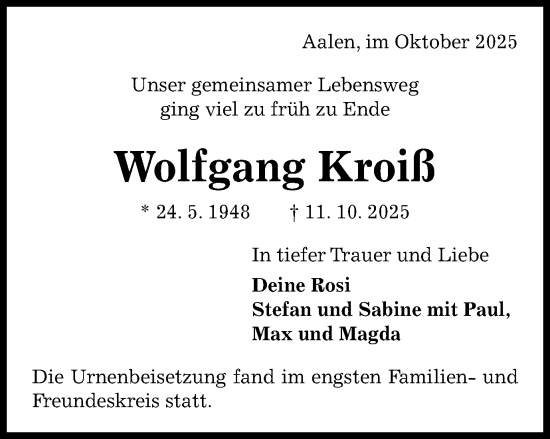 Traueranzeige von Wolfgang Kroiß von Schwäbische Post