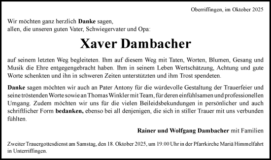 Traueranzeige von Xaver Dambacher von Schwäbische Post