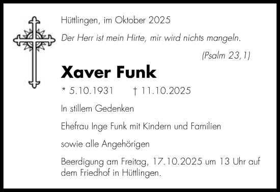 Traueranzeige von Xaver Funk von Schwäbische Post