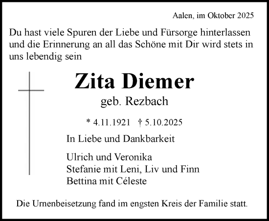 Traueranzeige von Zita Diemer von Schwäbische Post