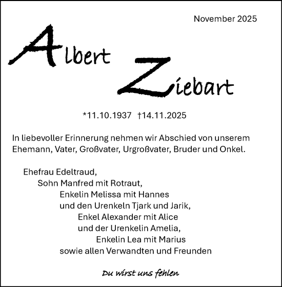 Traueranzeige von Albert Ziebart von Schwäbische Post