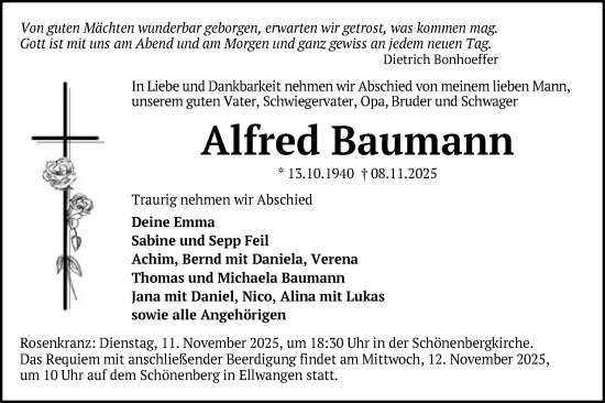Traueranzeige von Alfred Baumann von Schwäbische Post