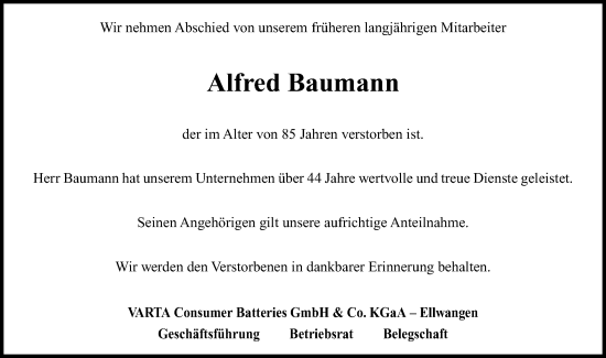 Traueranzeige von Alfred Baumann von Schwäbische Post