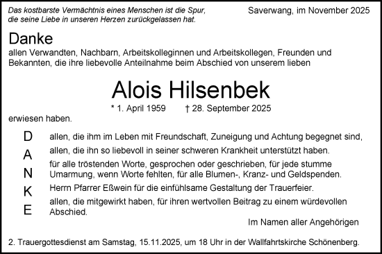 Traueranzeige von Alois Hilsenbek von Schwäbische Post