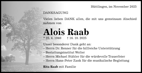 Traueranzeige von Alois Raab von Schwäbische Post