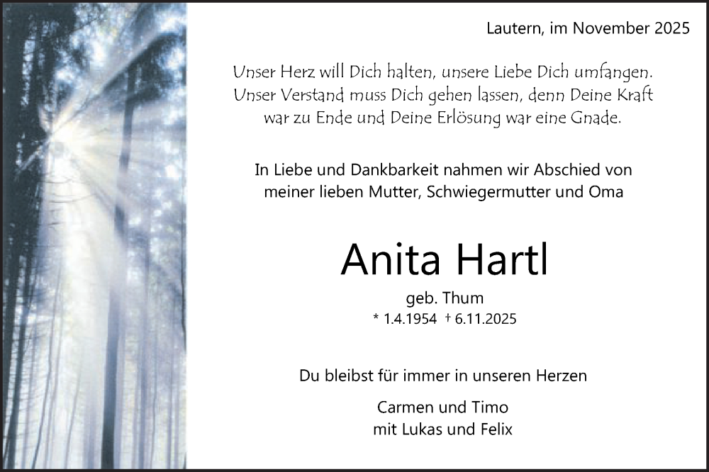  Traueranzeige für Anita Hartl vom 19.11.2025 aus Gmünder Tagespost