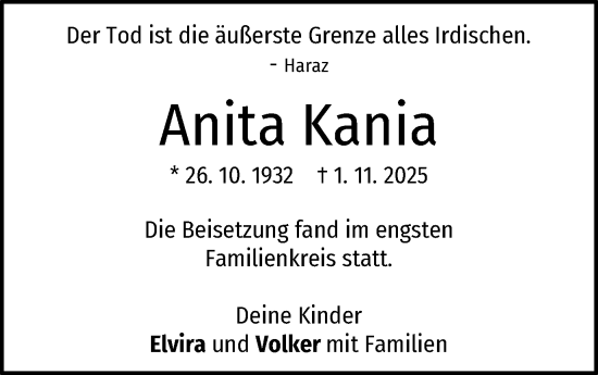 Traueranzeige von Anita Kania von Schwäbische Post