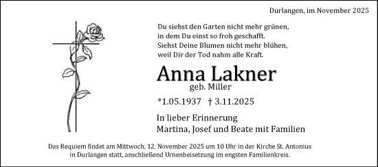 Traueranzeige von Anna Lakner von Gmünder Tagespost