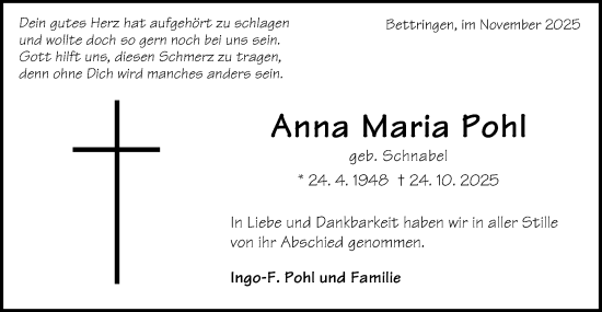 Traueranzeige von Anna Maria Pohl von Gmünder Tagespost