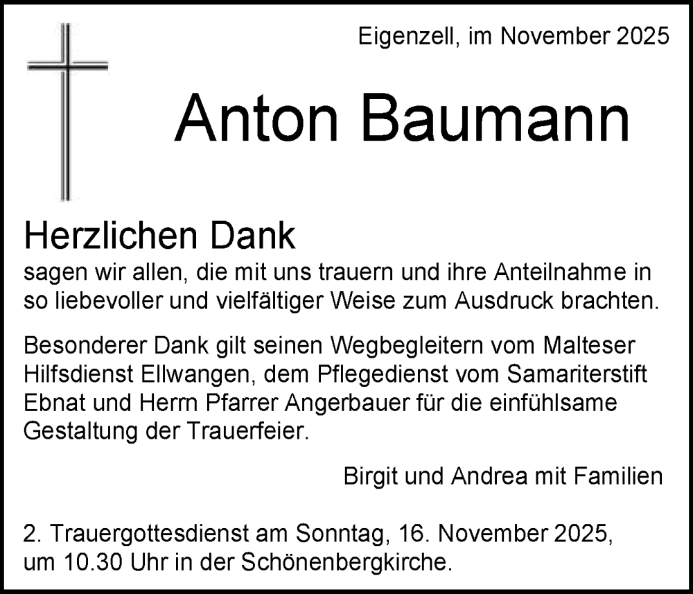  Traueranzeige für Anton Baumann vom 13.11.2025 aus Schwäbische Post
