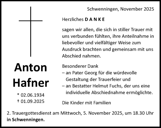 Traueranzeige von Anton Hafner von Schwäbische Post