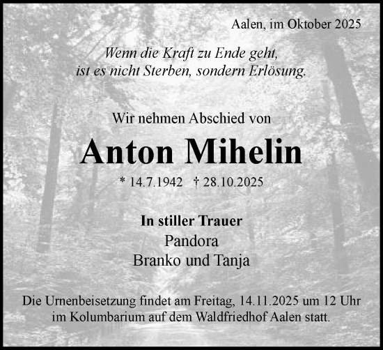 Traueranzeige von Anton Mihelin von Schwäbische Post