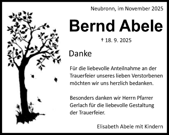 Traueranzeige von Bernd Abele von Schwäbische Post