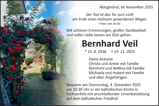 Traueranzeige von Bernhard Veil von Schwäbische Post
