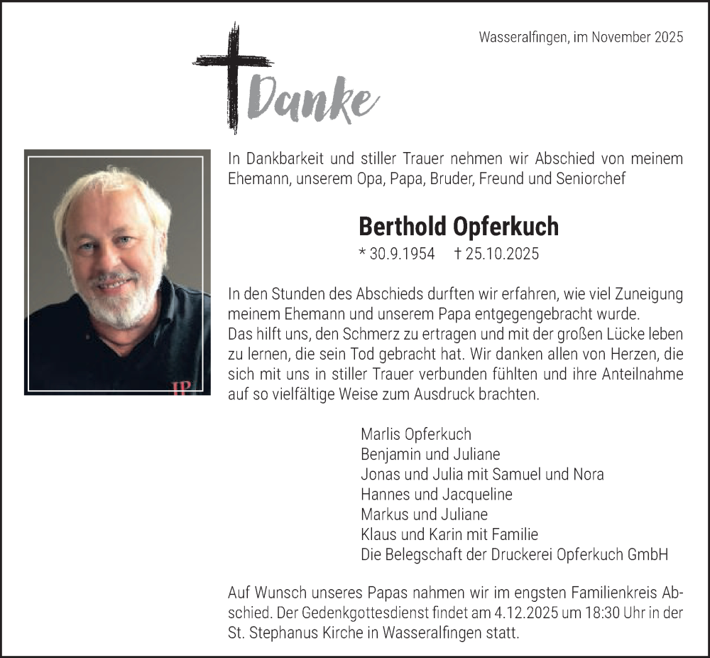  Traueranzeige für Berthold Opferkuch vom 22.11.2025 aus Schwäbische Post