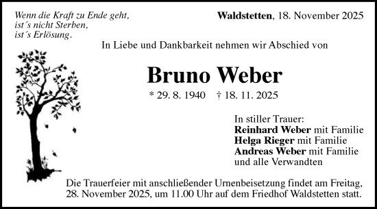 Traueranzeige von Bruno Weber von Gmünder Tagespost