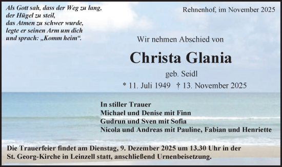Traueranzeige von Christa Glania von Gmünder Tagespost