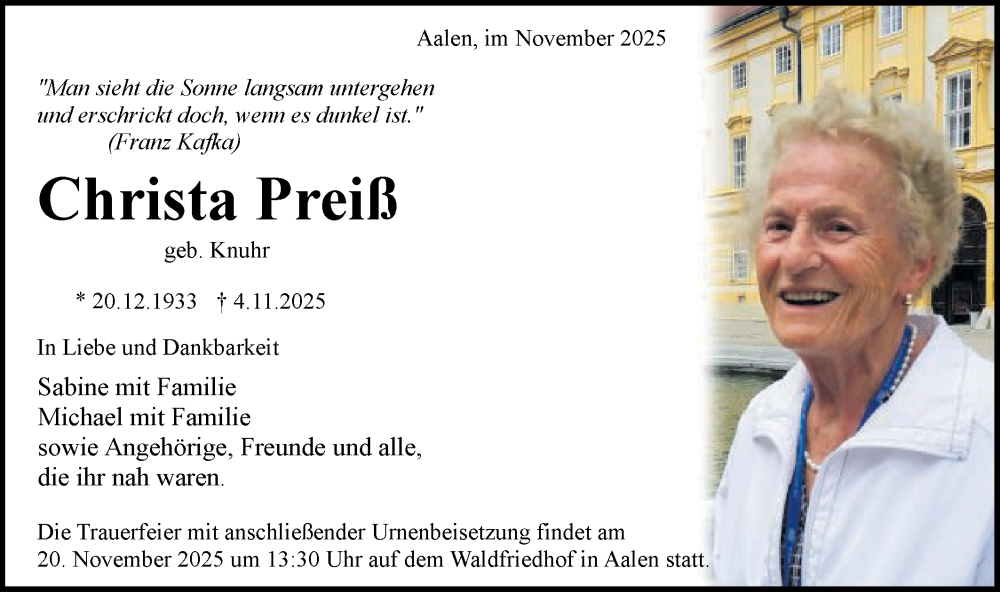  Traueranzeige für Christa Preiß vom 15.11.2025 aus Schwäbische Post
