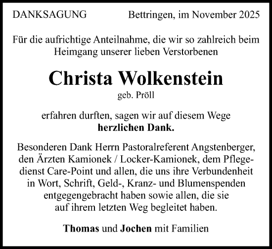 Traueranzeige von Christa Wolkenstein von Gmünder Tagespost