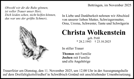 Traueranzeige von Christa Wolkenstein von Gmünder Tagespost