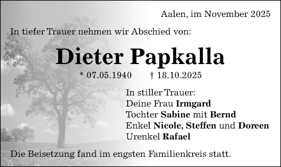 Traueranzeige von Dieter Papkalla von Schwäbische Post
