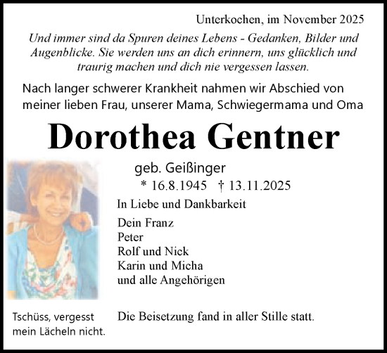 Traueranzeige von Dorothea Gentner von Schwäbische Post
