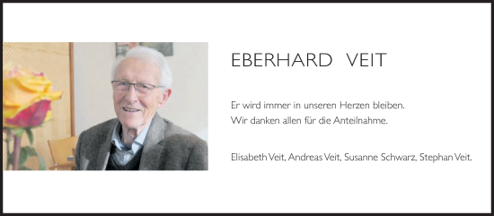Traueranzeige von Eberhard Veit von Schwäbische Post