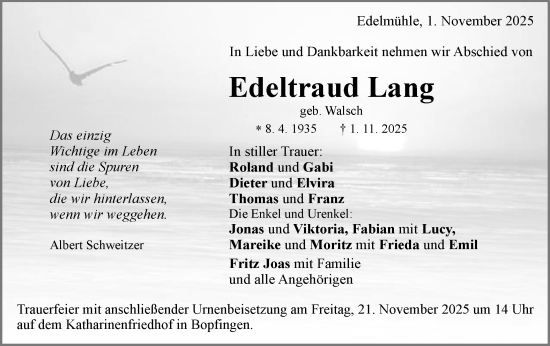 Traueranzeige von Edeltraud Lang von Schwäbische Post