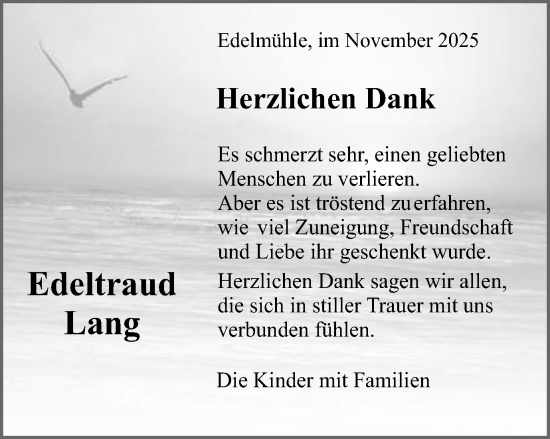 Traueranzeige von Edeltraud Lang von Schwäbische Post