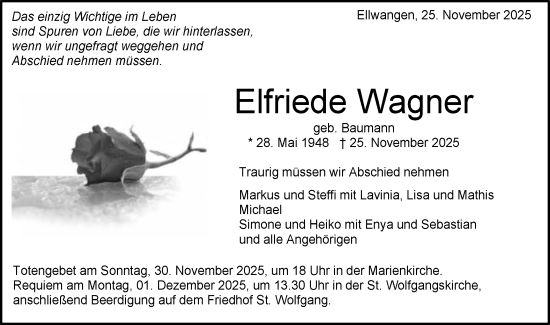 Traueranzeige von Elfriede Wagner von Schwäbische Post