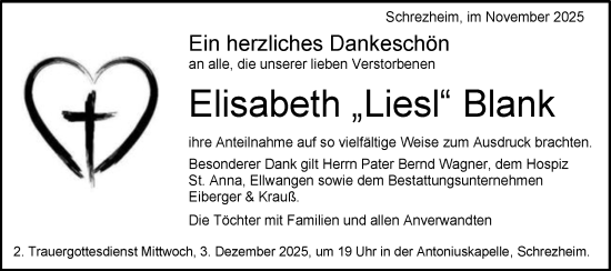 Traueranzeige von Elisabeth Blank von Schwäbische Post