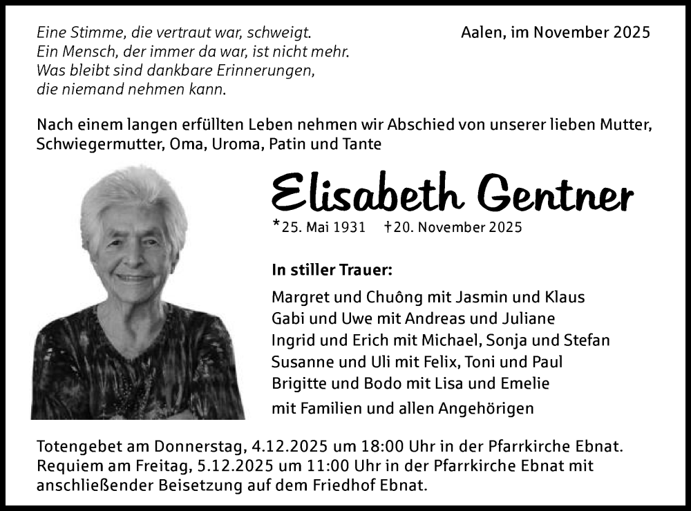  Traueranzeige für Elisabeth Gentner vom 29.11.2025 aus Schwäbische Post