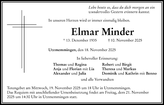 Traueranzeige von Elmar Minder von Schwäbische Post