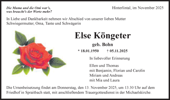Traueranzeige von Else Köngeter von Gmünder Tagespost