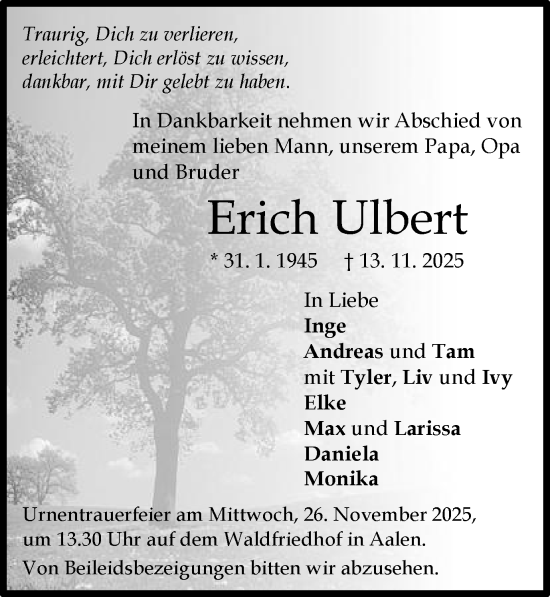 Traueranzeige von Erich Ulbert von Schwäbische Post