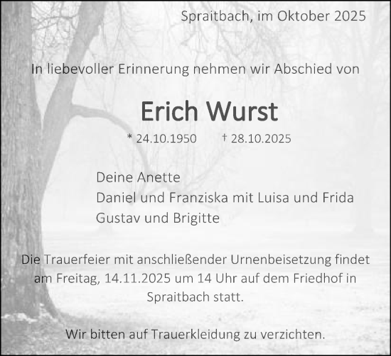 Traueranzeige von Erich Wurst von Gmünder Tagespost