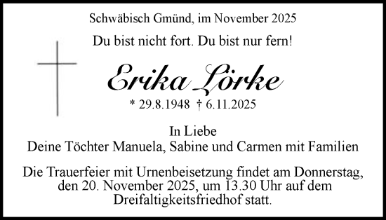 Traueranzeige von Erika Lörke von Gmünder Tagespost