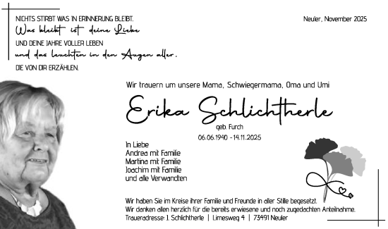 Traueranzeige von Erika  Schlichtherle von Schwäbische Post