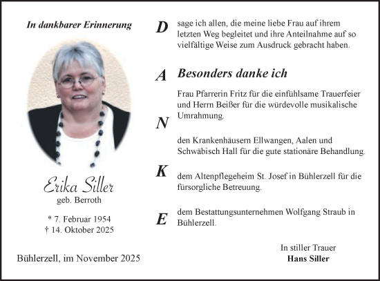 Traueranzeige von Erika Siller von Schwäbische Post