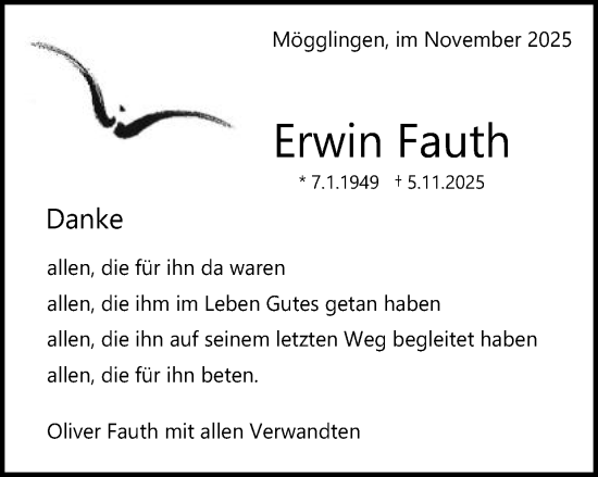 Traueranzeige von Erwin Fauth von Gmünder Tagespost