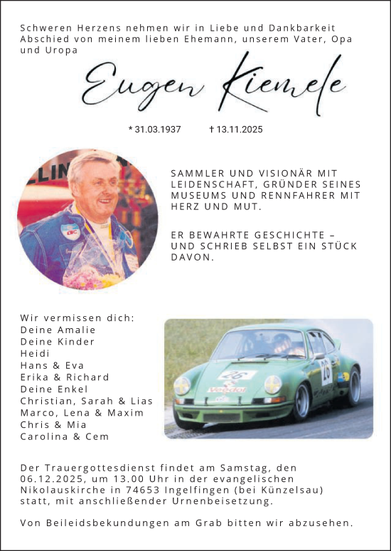Traueranzeige von Eugen Kiemele von Schwäbische Post