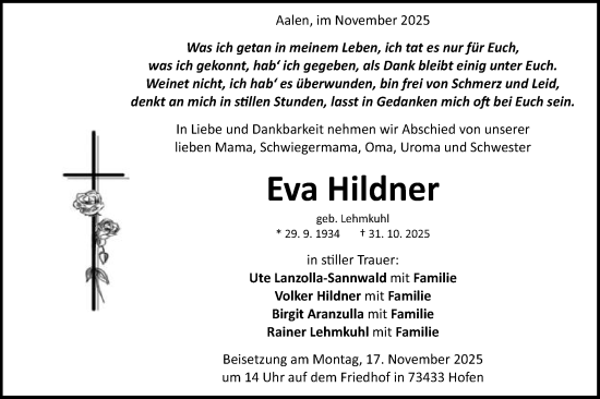 Traueranzeige von Eva Hildner von Schwäbische Post