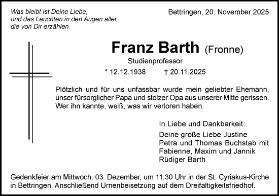 Traueranzeige von Franz Barth von Gmünder Tagespost
